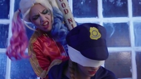 Harley Quinn takes two hostages and fucks both of them