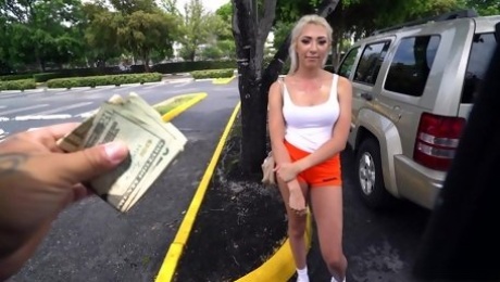 Blonde girl walks into thebus after being seduced with cash