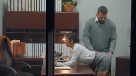 An office lady with a huge rack gets a brutal pussy punishment